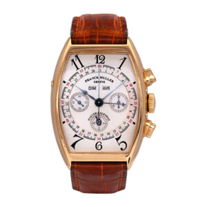 yellow gold Franck Muller watch with a white dial and tan leather strap