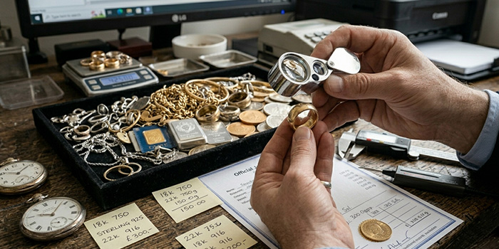 a photo of a jeweler holding a loupe in one hand and a ring in the other hand. The background contains a desk with a bunch of different jewelry, chains, bracelets, coins and bullion resting on it.