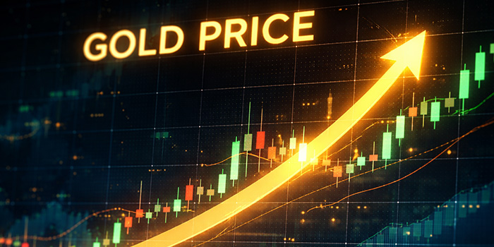 An image of an arrow going up a graph with the text "gold price" at the top signaling the price of gold is on the rise.
