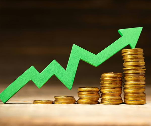an image of gold coins stacked next to each other and each stack gets higher and higher. A green arrow is following the stacks with a design like a stock market graph, highlighting that the price of gold is going up.