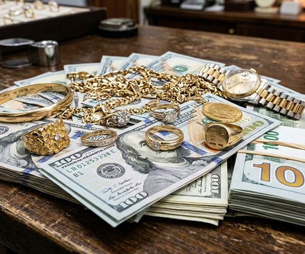 a close up image of gold and jewelry sitting on top of cash money, showcasing that you can sell your jewelry for cash