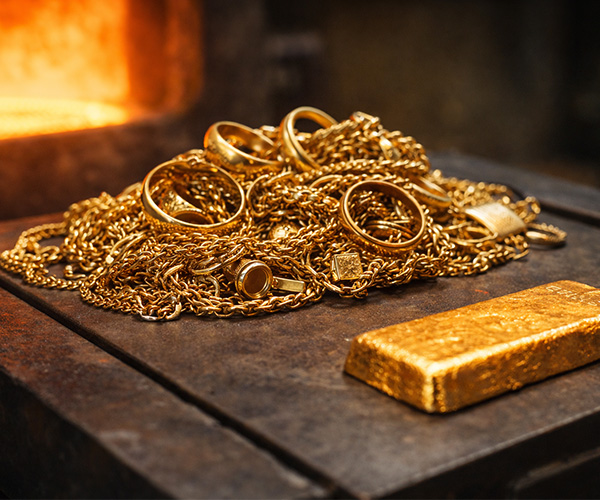 a close-up image of gold jewelry next to a gold bar with a furnace in the background. This insinuates that you can sell your unwanted/unused gold jewelry and if it's not worth repairing/reselling the shop is able to melt it down into a gold bar.