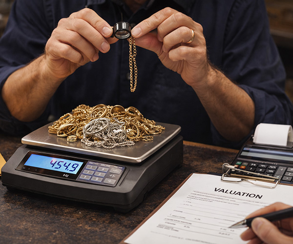 A close-up image of a jeweler weighing and testing a pile of rings, bracelets, and chains, highlighting that a trained professional will test and weigh your gold jewelry to give you a proper valuation