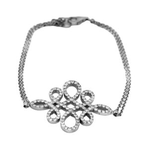 white gold bracelet set with round diamonds and an endless knot also set with round diamonds