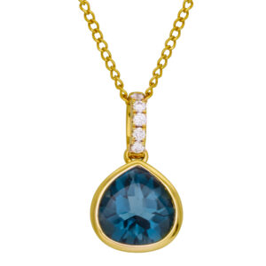 yellow gold pendant set with a pear London blue topaz with round diamonds in the bail