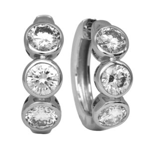 white gold hoop earrings set with 3 round diamonds each