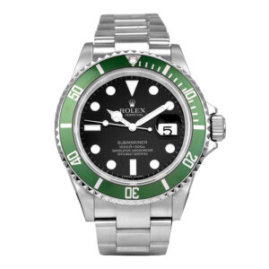stainless steel Rolex Kermit watch with a black dial and green ceramic bezel