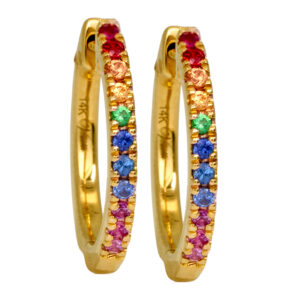 yellow gold hoop earrings round rainbow sapphires