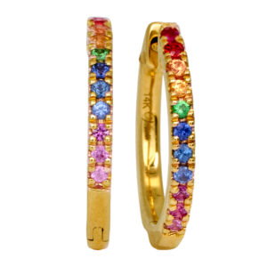 yellow gold hoop earrings set with round rainbow sapphires