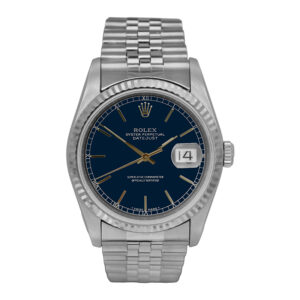 stainless steel rolex with a navy dial