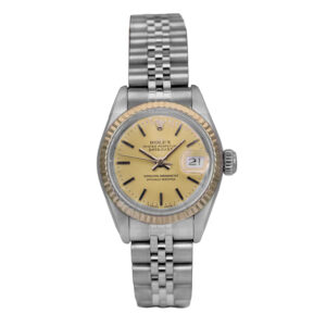 Pre-owned Rolex Datejust watch, 26mm in stainless steel with a silver patina dial, sapphire crystal, 18k white gold fluted bezel, Jubilee bracelet, folding clasp, and automatic movement.