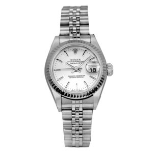 stainless steel Rolex with a white dial