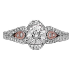 white gold with rose gold accent engagement ring centered with a round diamond surrounded by round diamonds in the halo and band
