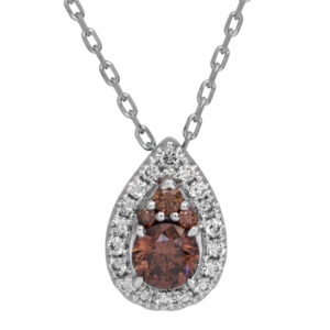 white gold halo pendant set with round brown diamonds surrounded by round white diamonds