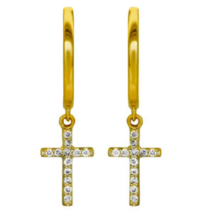 yellow gold drop cross earrings set with round diamonds