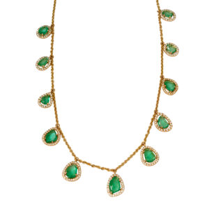yellow gold halo station necklace set with freeform rose cut emeralds surrounded by diamonds