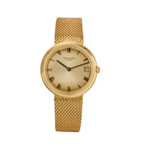 yellow gold Patek Phillipe watch with a gold dial and mesh bracelet