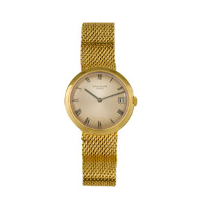 yellow gold Patek Phillipe watch with a gold dial and mesh bracelet