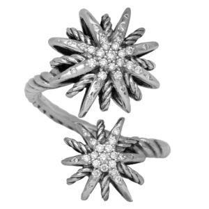sterling silver David Yurman double starburst ring set with round diamonds