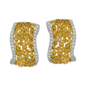 white gold wavy earrings set with fancy yellow, fancy brown, and white round diamonds