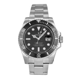 stainless steel Rolex with a black dial and black bezel