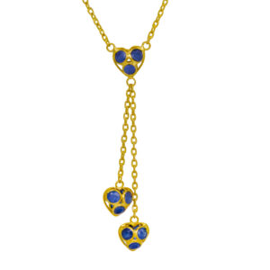 yellow gold pendant set with hearts filled with round blue sapphires