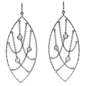 open marquise shaped dangle earrings set with round diamonds suspended on chains