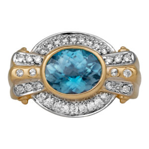 yellow and white gold ring with an east-west oval blue zircon surrounded by round diamonds