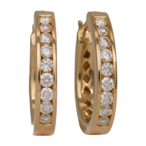 yellow gold hoop earrings set with round diamonds