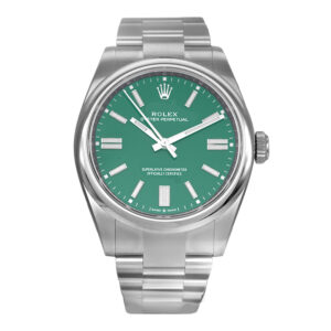 stainless steel Rolex with a kelly green dial
