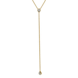 yellow gold lariat necklace set with two pear diamonds