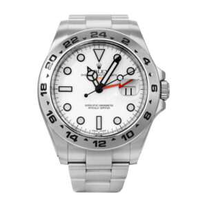 stainless steel Rolex with a white dial and numbered bezel