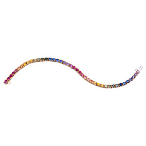 yellow gold tennis bracelet set with round rainbow sapphires