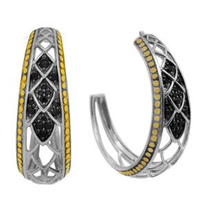 sterling silver and yellow gold hoop earrings set with black sapphires