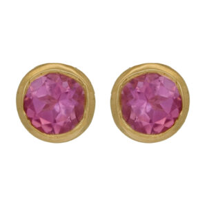 yellow gold stud earrings set with round pink tourmalines