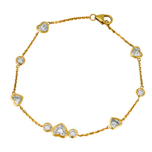 yellow gold link bracelet set with round and hearts diamonds