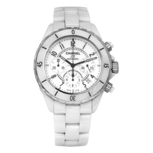 white ceramic Chanel watch with a white dial and black index markers