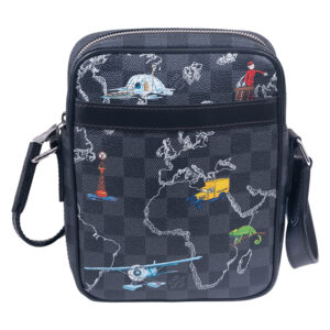 Louis Vuitton damier graphite handbag with multicolored painted map and various objects illustrated
