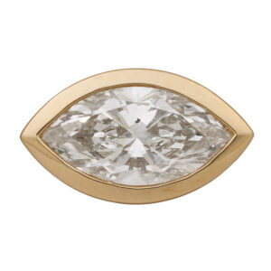 yellow gold solitaire engagement ring with a bezel set east-west marquise diamond