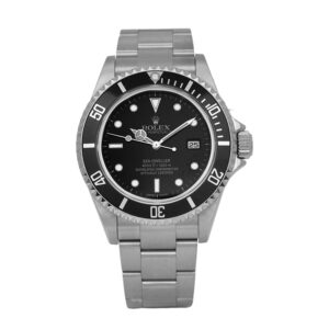 stainless steel Rolex with a black dial and black ceramic bezel
