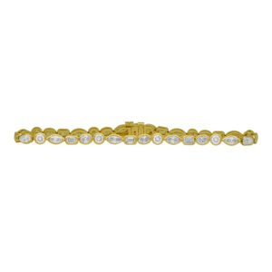 yellow gold tennis bracelet set with round, marquise, oval, and emerald cut diamonds