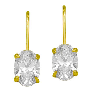 yellow gold drop earrings set with oval diamonds surrounded by round diamonds in the under-haloes