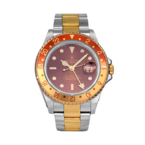stainless steel and yellow gold Rolex with a root beer and bezel