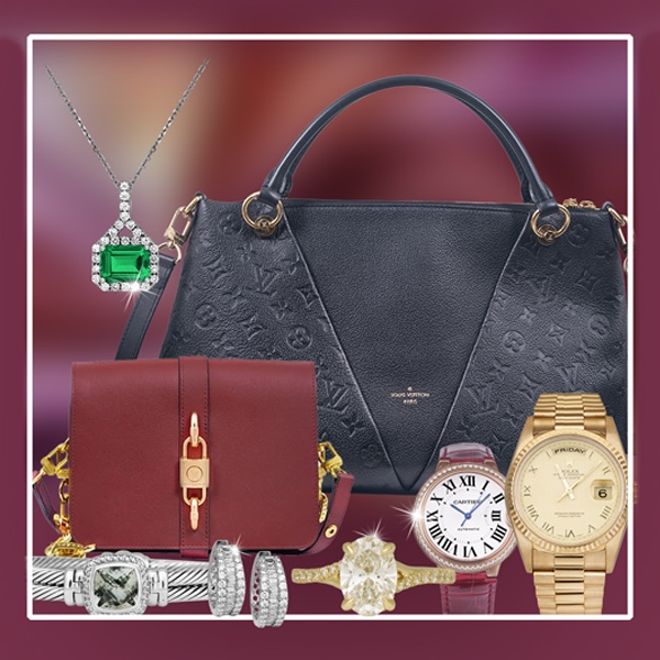 a close-up image of designer jewelry, handbags, and watches.
