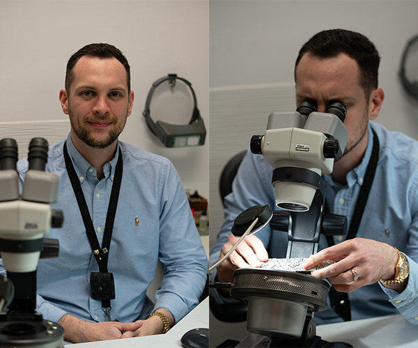 a photo of our in house appraiser looking at the camera, and a photo of the appraiser examining a piece of jewelry with a microscope