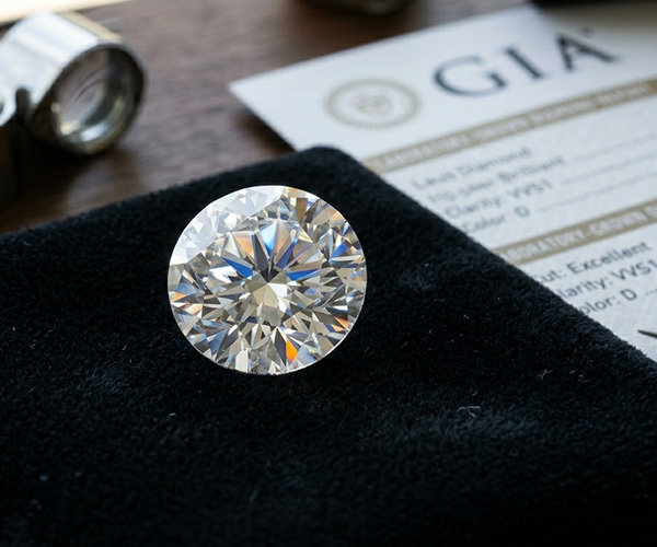 a close-up image of a diamond sitting on a velvet cloth resting on a table. A GIA certificate and a loupe are visible in the background