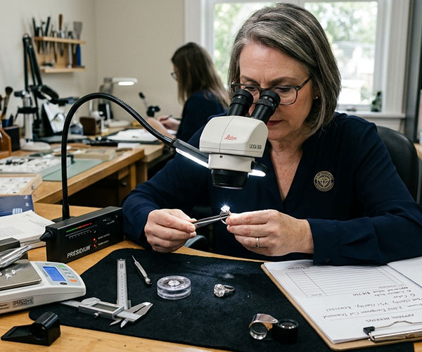 an image of a jeweler examining a piece during an appraisal