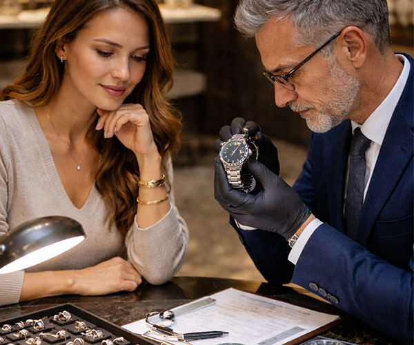 an image of a jeweler examining a watch for authenticity while the owner of the watch observes