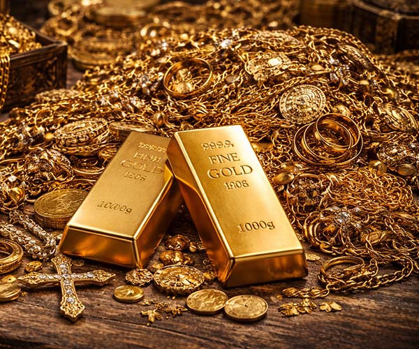 a close-up photo scrap gold, bullion, and old gold jewelry on a table