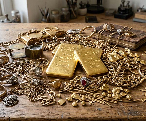 a close-up photo scrap gold, bullion, and old gold jewelry on a table